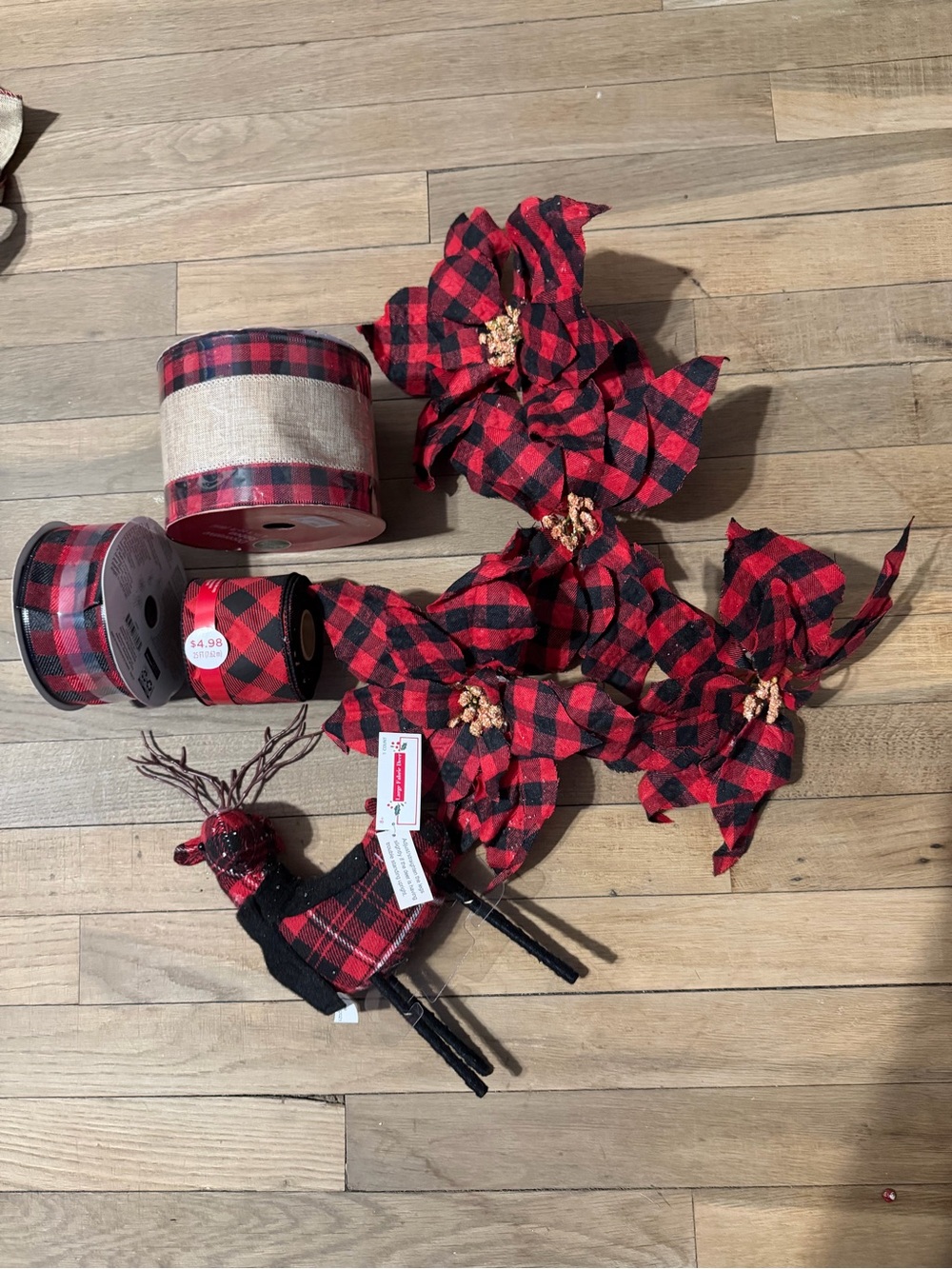 Red and Black Buffalo Plaid Poinsettia and Reindeer Holiday Accents
